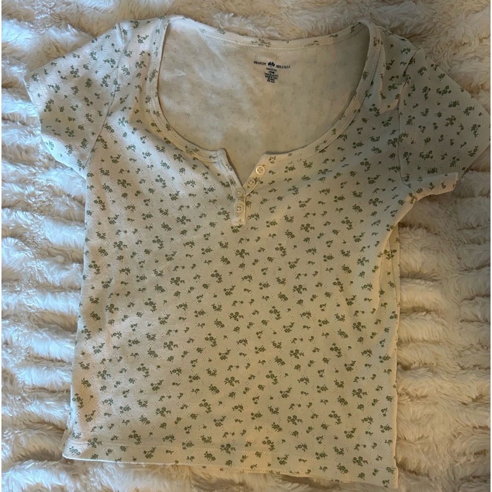 Brandy Melville cream Henley t shirt with sage green floral - one size
